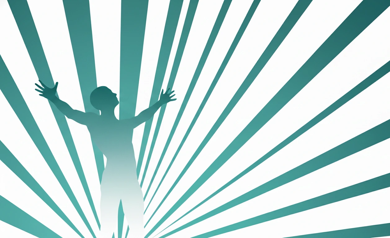 Stylized silhouette of a human figure with raised arms against teal radial lines, symbolizing vitality, healing, and holistic wellness.