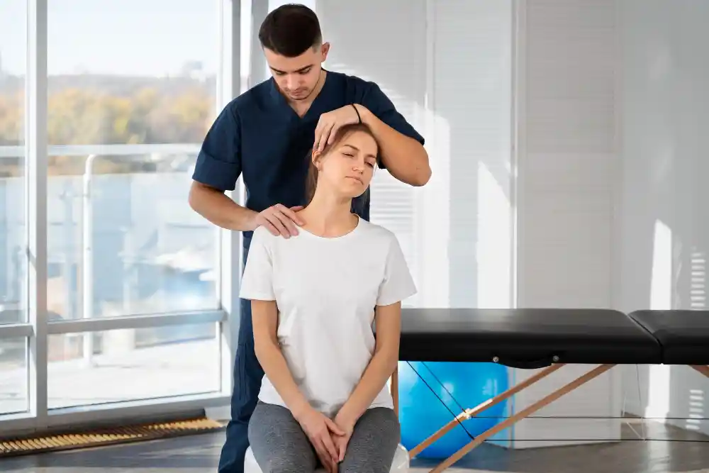 A therapist assists a woman with a seated neck stretch.