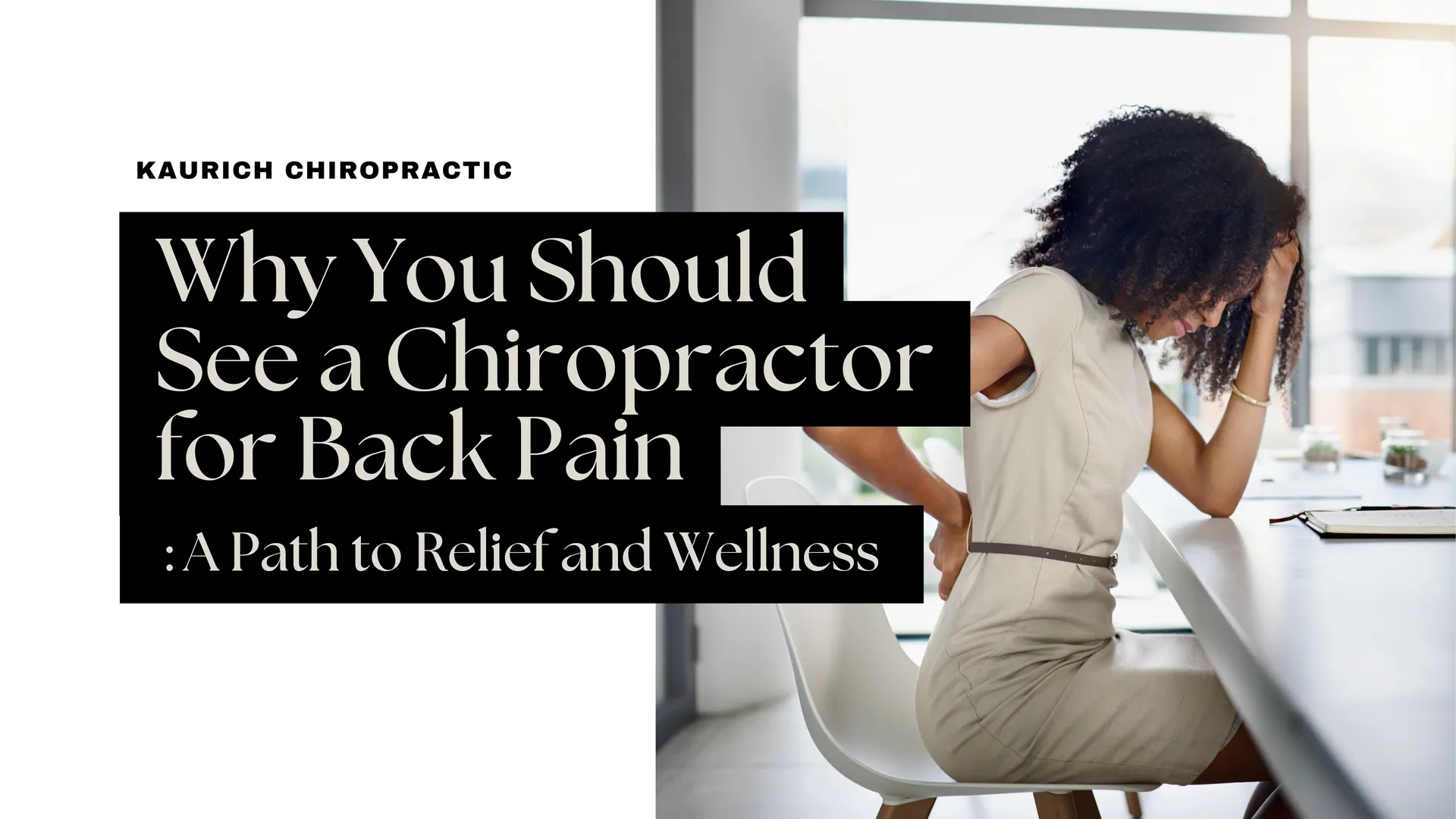 Woman sitting at a desk holding her lower back in pain, illustrating discomfort and the need for chiropractic care for back pain relief.